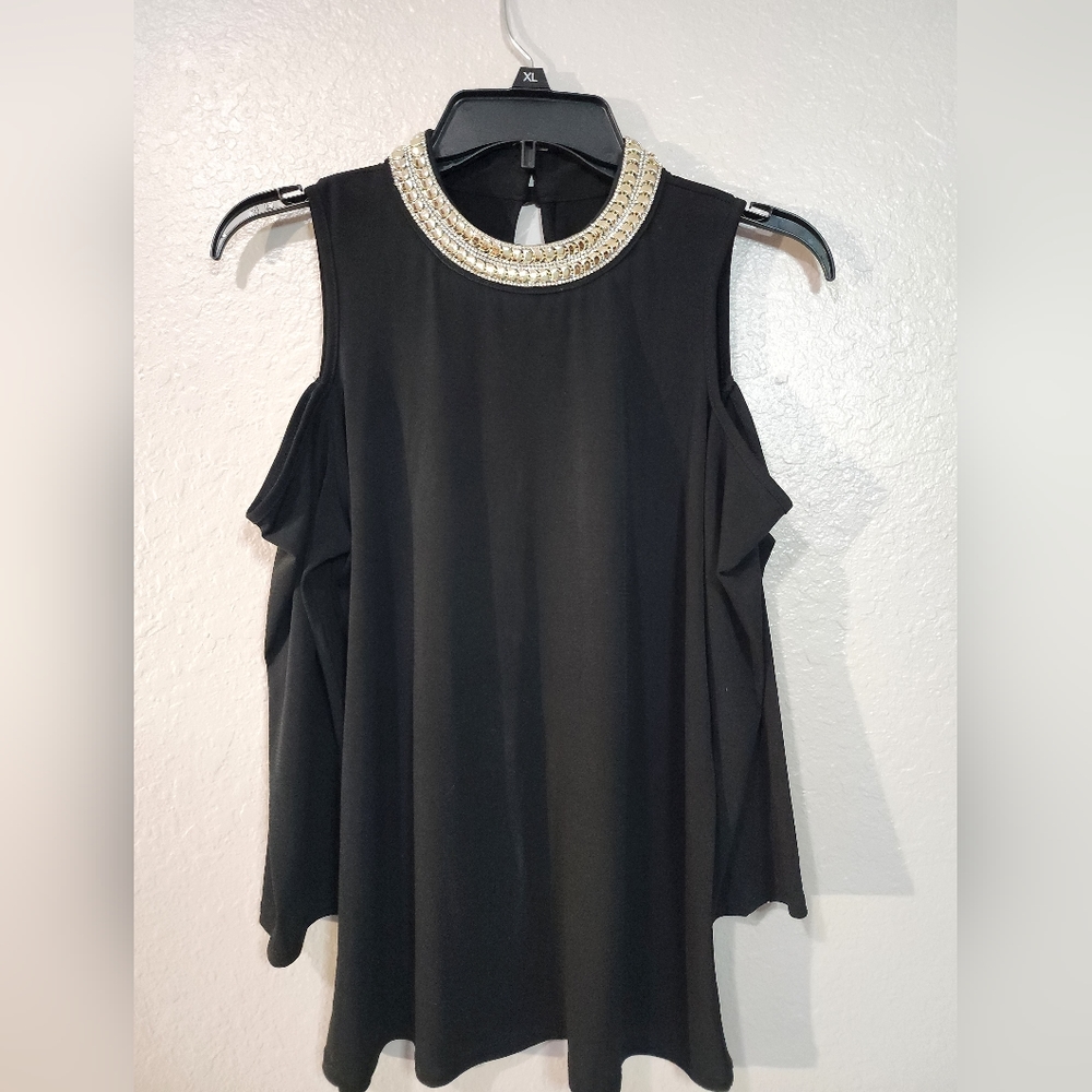 MOA MOA Black Top with Silver Jewelry neckCut out Shoulder 3/4 sleevesSize XL
